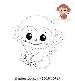 Cute monkey cartoon. Cute monkey eats banana  coloring pages. Trace and color monkey. Jungle wild animals monkey coloring pages worksheets printable for kids, Kindergarten and preschool activity.
