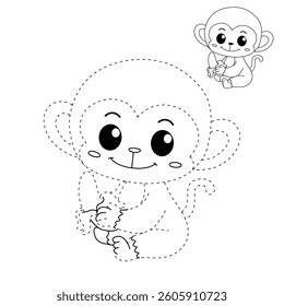 Cute monkey cartoon. Cute monkey eats banana  coloring pages. Trace and color monkey. Jungle wild animals monkey coloring pages worksheets printable for kids, Kindergarten and preschool activity.