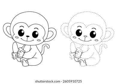 Cute monkey cartoon. Cute monkey eats banana  coloring pages. Trace and color monkey. Jungle wild animals monkey coloring pages worksheets printable for kids, Kindergarten and preschool activity.