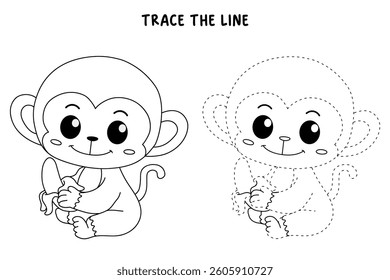 Cute monkey cartoon. Cute monkey eats banana  coloring pages. Trace and color monkey. Jungle wild animals monkey coloring pages worksheets printable for kids, Kindergarten and preschool activity.