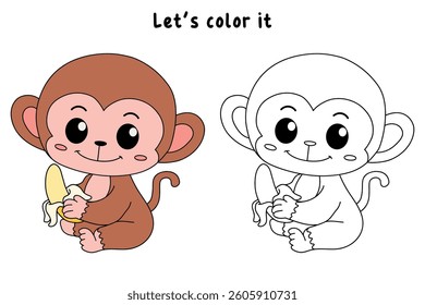 Cute monkey cartoon. Cute monkey eats banana  coloring pages. Trace and color monkey. Jungle wild animals monkey coloring pages worksheets printable for kids, Kindergarten and preschool activity.