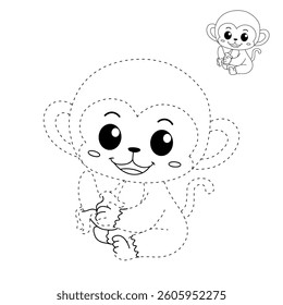 Cute monkey cartoon. Cute monkey eats banana  coloring pages. Trace and color monkey. Jungle wild animals monkey coloring pages worksheets printable for kids, Kindergarten and preschool activity.