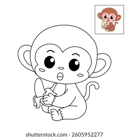 Cute monkey cartoon. Cute monkey eats banana  coloring pages. Trace and color monkey. Jungle wild animals monkey coloring pages worksheets printable for kids, Kindergarten and preschool activity.