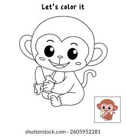 Cute monkey cartoon. Cute monkey eats banana  coloring pages. Trace and color monkey. Jungle wild animals monkey coloring pages worksheets printable for kids, Kindergarten and preschool activity.
