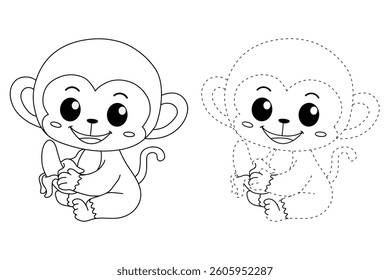 Cute monkey cartoon. Cute monkey eats banana  coloring pages. Trace and color monkey. Jungle wild animals monkey coloring pages worksheets printable for kids, Kindergarten and preschool activity.