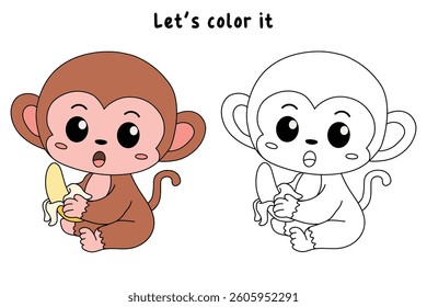 Cute monkey cartoon. Cute monkey eats banana  coloring pages. Trace and color monkey. Jungle wild animals monkey coloring pages worksheets printable for kids, Kindergarten and preschool activity.