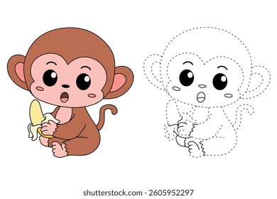 Cute monkey cartoon. Cute monkey eats banana  coloring pages. Trace and color monkey. Jungle wild animals monkey coloring pages worksheets printable for kids, Kindergarten and preschool activity.
