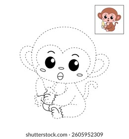 Cute monkey cartoon. Cute monkey eats banana  coloring pages. Trace and color monkey. Jungle wild animals monkey coloring pages worksheets printable for kids, Kindergarten and preschool activity.