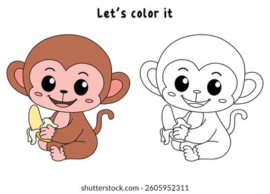 Cute monkey cartoon. Cute monkey eats banana  coloring pages. Trace and color monkey. Jungle wild animals monkey coloring pages worksheets printable for kids, Kindergarten and preschool activity.