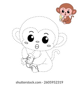 Cute monkey cartoon. Cute monkey eats banana  coloring pages. Trace and color monkey. Jungle wild animals monkey coloring pages worksheets printable for kids, Kindergarten and preschool activity.