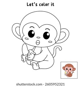 Cute monkey cartoon. Cute monkey eats banana  coloring pages. Trace and color monkey. Jungle wild animals monkey coloring pages worksheets printable for kids, Kindergarten and preschool activity.