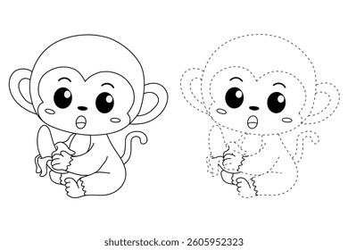Cute monkey cartoon. Cute monkey eats banana  coloring pages. Trace and color monkey. Jungle wild animals monkey coloring pages worksheets printable for kids, Kindergarten and preschool activity.