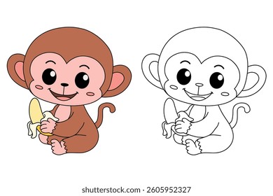 Cute monkey cartoon. Cute monkey eats banana  coloring pages. Trace and color monkey. Jungle wild animals monkey coloring pages worksheets printable for kids, Kindergarten and preschool activity.