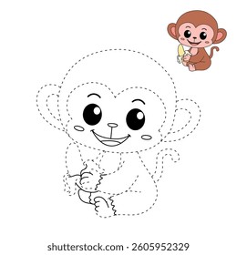Cute monkey cartoon. Cute monkey eats banana  coloring pages. Trace and color monkey. Jungle wild animals monkey coloring pages worksheets printable for kids, Kindergarten and preschool activity.