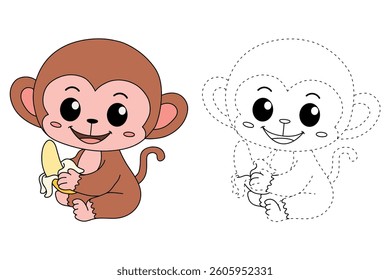 Cute monkey cartoon. Cute monkey eats banana  coloring pages. Trace and color monkey. Jungle wild animals monkey coloring pages worksheets printable for kids, Kindergarten and preschool activity.