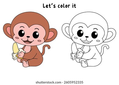 Cute monkey cartoon. Cute monkey eats banana  coloring pages. Trace and color monkey. Jungle wild animals monkey coloring pages worksheets printable for kids, Kindergarten and preschool activity.