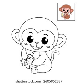 Cute monkey cartoon. Cute monkey eats banana  coloring pages. Trace and color monkey. Jungle wild animals monkey coloring pages worksheets printable for kids, Kindergarten and preschool activity.