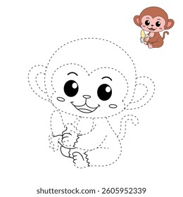 Cute monkey cartoon. Cute monkey eats banana  coloring pages. Trace and color monkey. Jungle wild animals monkey coloring pages worksheets printable for kids, Kindergarten and preschool activity.