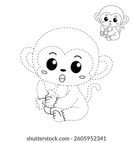 Cute monkey cartoon. Cute monkey eats banana  coloring pages. Trace and color monkey. Jungle wild animals monkey coloring pages worksheets printable for kids, Kindergarten and preschool activity.