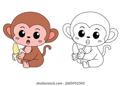 Cute monkey cartoon. Cute monkey eats banana  coloring pages. Trace and color monkey. Jungle wild animals monkey coloring pages worksheets printable for kids, Kindergarten and preschool activity.