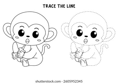 Cute monkey cartoon. Cute monkey eats banana  coloring pages. Trace and color monkey. Jungle wild animals monkey coloring pages worksheets printable for kids, Kindergarten and preschool activity.