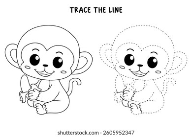 Cute monkey cartoon. Cute monkey eats banana  coloring pages. Trace and color monkey. Jungle wild animals monkey coloring pages worksheets printable for kids, Kindergarten and preschool activity.