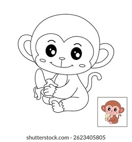 Cute monkey cartoon. Cute monkey eats banana  coloring pages. Trace and color monkey. Jungle wild animals monkey coloring pages worksheets printable for kids, Kindergarten and preschool activity.