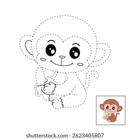 Cute monkey cartoon. Cute monkey eats banana  coloring pages. Trace and color monkey. Jungle wild animals monkey coloring pages worksheets printable for kids, Kindergarten and preschool activity.
