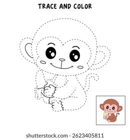 Cute monkey cartoon. Cute monkey eats banana  coloring pages. Trace and color monkey. Jungle wild animals monkey coloring pages worksheets printable for kids, Kindergarten and preschool activity.