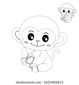 Cute monkey cartoon. Cute monkey eats banana  coloring pages. Trace and color monkey. Jungle wild animals monkey coloring pages worksheets printable for kids, Kindergarten and preschool activity.