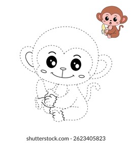 Cute monkey cartoon. Cute monkey eats banana  coloring pages. Trace and color monkey. Jungle wild animals monkey coloring pages worksheets printable for kids, Kindergarten and preschool activity.