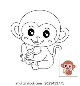 Cute monkey cartoon. Cute monkey eats banana  coloring pages. Trace and color monkey. Jungle wild animals monkey coloring pages worksheets printable for kids, Kindergarten and preschool activity.