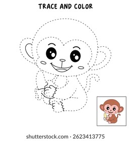 Cute monkey cartoon. Cute monkey eats banana  coloring pages. Trace and color monkey. Jungle wild animals monkey coloring pages worksheets printable for kids, Kindergarten and preschool activity.