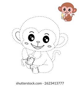 Cute monkey cartoon. Cute monkey eats banana  coloring pages. Trace and color monkey. Jungle wild animals monkey coloring pages worksheets printable for kids, Kindergarten and preschool activity.