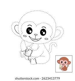 Cute monkey cartoon. Cute monkey eats banana  coloring pages. Trace and color monkey. Jungle wild animals monkey coloring pages worksheets printable for kids, Kindergarten and preschool activity.