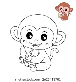 Cute monkey cartoon. Cute monkey eats banana  coloring pages. Trace and color monkey. Jungle wild animals monkey coloring pages worksheets printable for kids, Kindergarten and preschool activity.