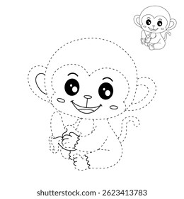 Cute monkey cartoon. Cute monkey eats banana  coloring pages. Trace and color monkey. Jungle wild animals monkey coloring pages worksheets printable for kids, Kindergarten and preschool activity.
