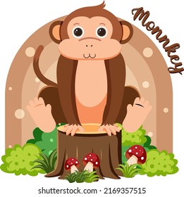 Cute monkey in cartoon flat style illustration