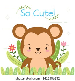 cute monkey cartoon flower leaves vector illustration design