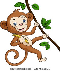 Cute monkey cartoon hanging and holds banana in tree branch