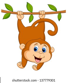 Cute monkey cartoon hanging on a tree branch