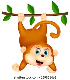 Cute monkey cartoon hanging on a tree branch