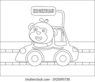 Cute monkey cartoon having fun driving a city car on sunny day. Cartoon isolated vector illustration, Creative vector Childish design for kids activity colouring book or page.