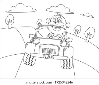 Cute monkey cartoon having fun driving a off road car in mountain on sunny day. Cartoon isolated vector illustration, Creative vector Childish design for kids activity colouring book or page.