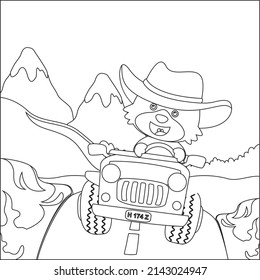 Cute monkey cartoon having fun driving a off road car in mountain on sunny day. Cartoon isolated vector illustration, Creative vector Childish design for kids activity colouring book or page.