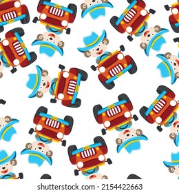 Cute monkey cartoon having fun driving off road car go to forest. Creative vector childish background for fabric textile, nursery wallpaper, poster, brochure. and other decoration.