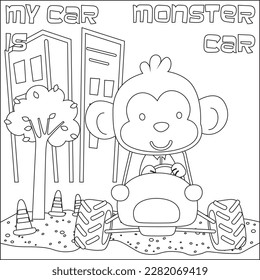 Cute monkey cartoon having fun driving off road car on sunny day. Cartoon isolated vector illustration, Creative vector Childish design for kids activity colouring book or page.