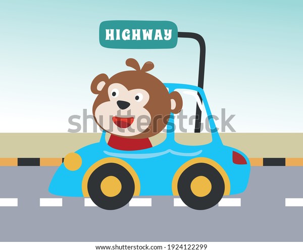 Cute\
monkey cartoon having fun driving a city car on sunny day. Vector\
childish background for fabric textile, nursery wallpaper, card,\
poster and other decoration. Vector\
illustration.