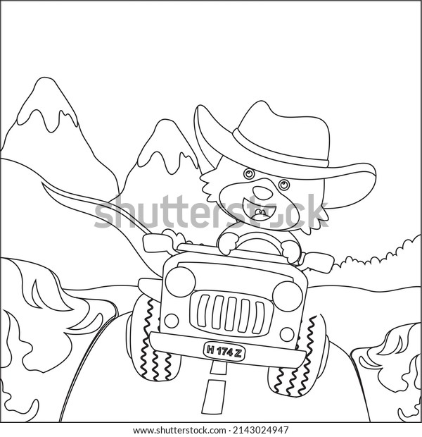 Cute monkey cartoon having fun driving a off road\
car in mountain on sunny day. Cartoon isolated vector illustration,\
Creative vector Childish design for kids activity colouring book or\
page.
