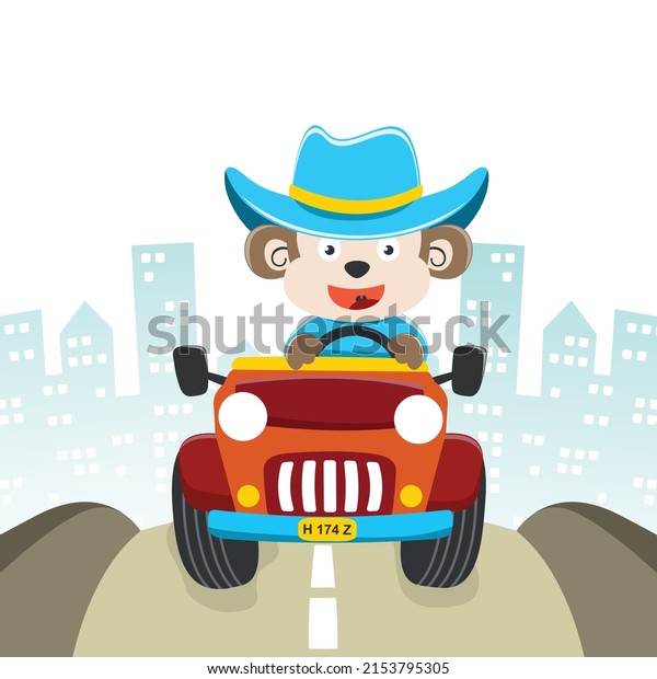 Cute\
monkey cartoon having fun driving off road car go to forest. Vector\
childish background for fabric textile, nursery wallpaper, card,\
poster and other decoration. Vector\
illustration.